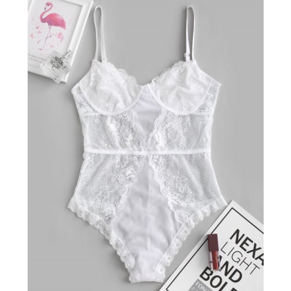 Flower Lace Mesh Cupped Lingerie Teddy